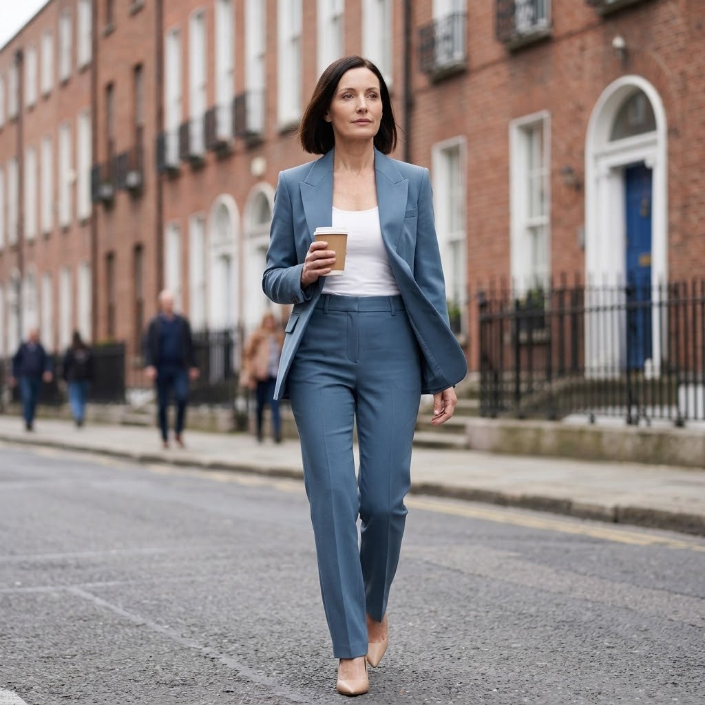 Women's Blue Suit — Single Breasted Blazer & Straight Leg Trousers Two Piece Set