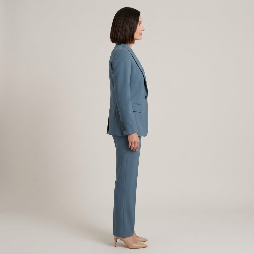 Women's Blue Suit — Single Breasted Blazer & Straight Leg Trousers Two Piece Set