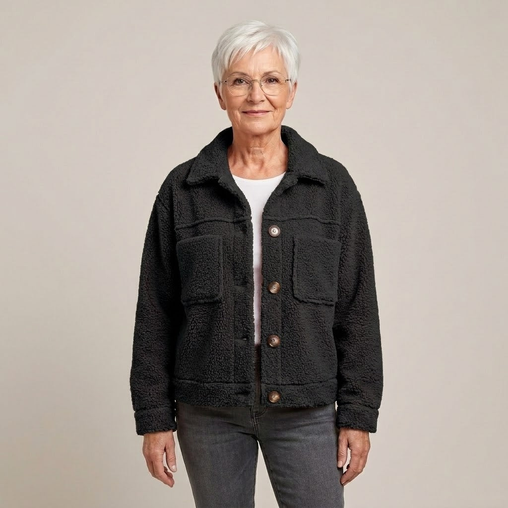 Women's Pink Teddy Jacket — Button Front Collared Fleece Shacket with Pockets