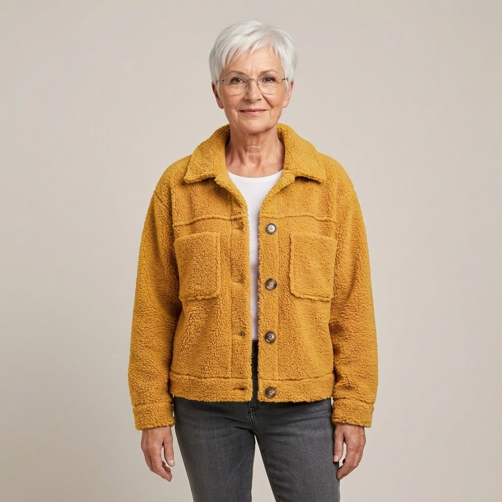 Women's Pink Teddy Jacket — Button Front Collared Fleece Shacket with Pockets