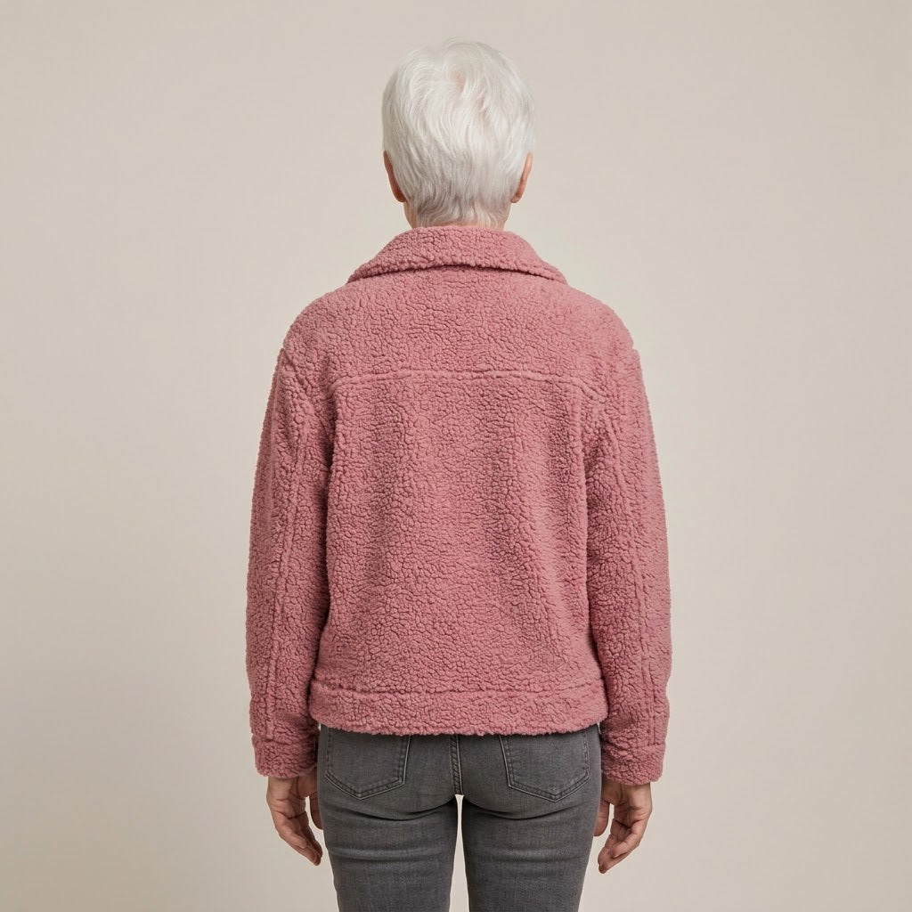 Women's Pink Teddy Jacket — Button Front Collared Fleece Shacket with Pockets