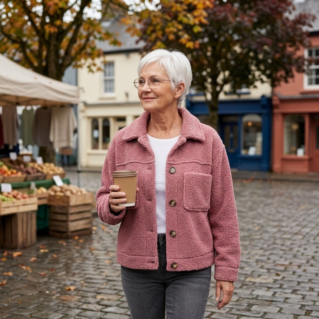Women's Pink Teddy Jacket — Button Front Collared Fleece Shacket with Pockets