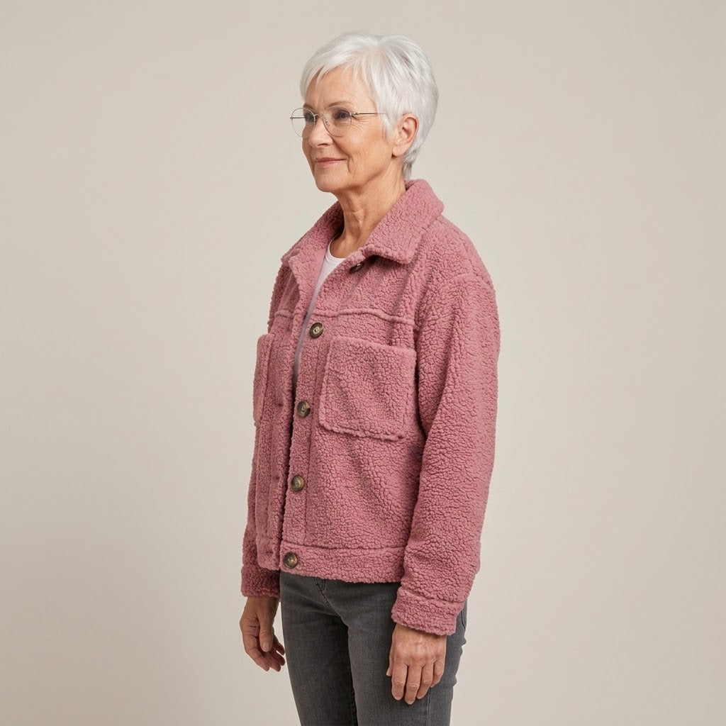 Women's Pink Teddy Jacket — Button Front Collared Fleece Shacket with Pockets