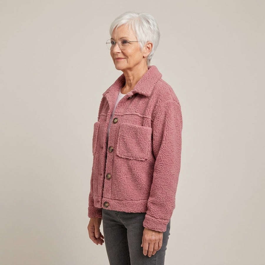 Women's Pink Teddy Jacket — Button Front Collared Fleece Shacket with Pockets