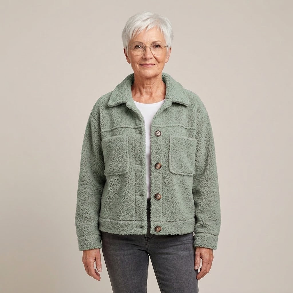 Women's Pink Teddy Jacket — Button Front Collared Fleece Shacket with Pockets