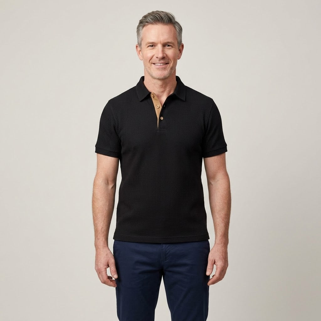 Clara Textured Waffle Polo — Men's Short Sleeve Contrast Placket Polo Shirt