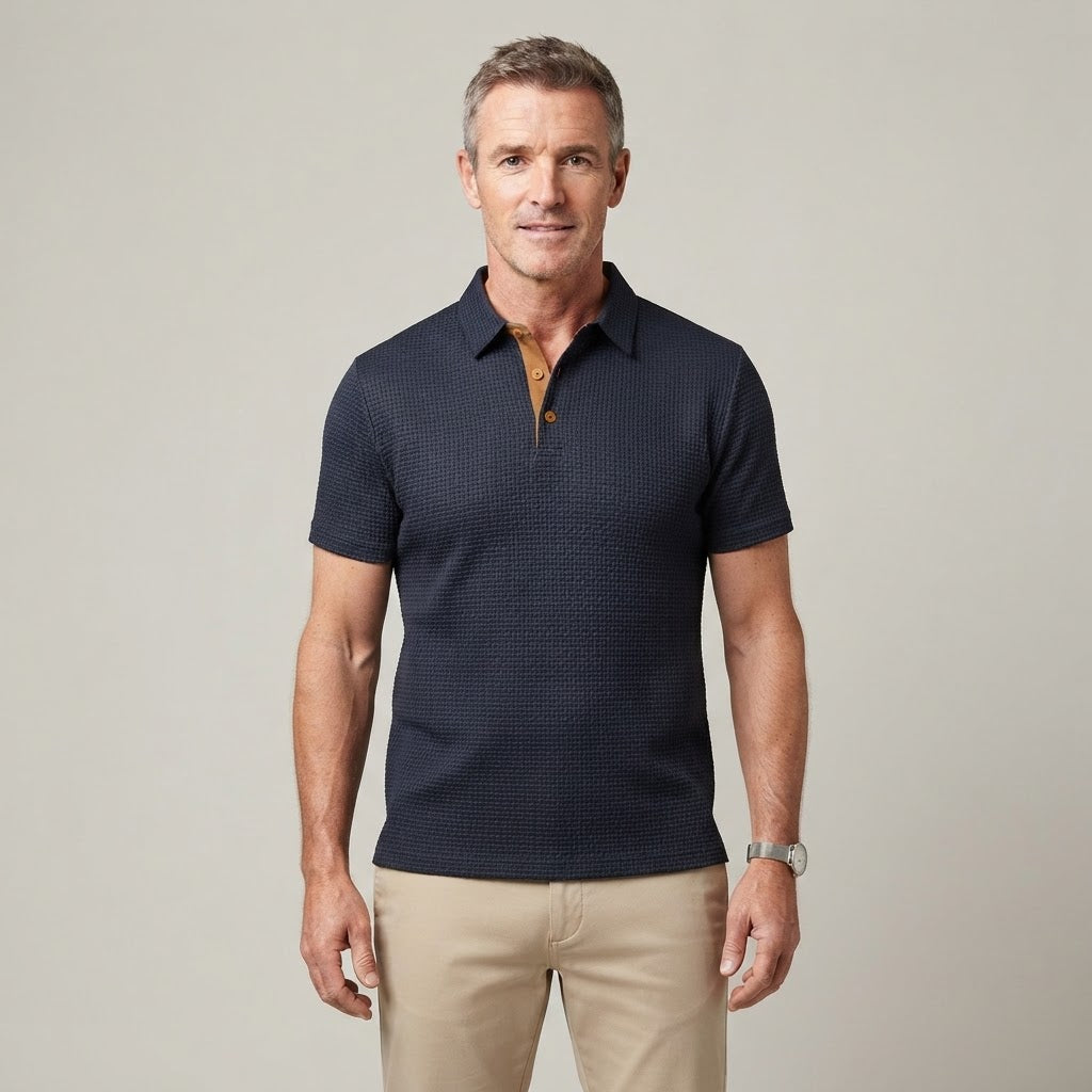 Clara Textured Waffle Polo — Men's Short Sleeve Contrast Placket Polo Shirt