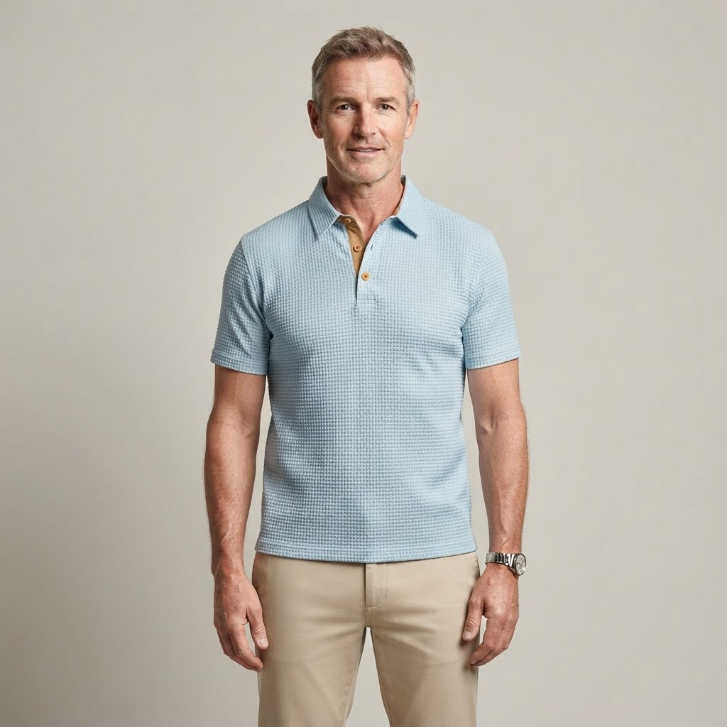 Clara Textured Waffle Polo — Men's Short Sleeve Contrast Placket Polo Shirt