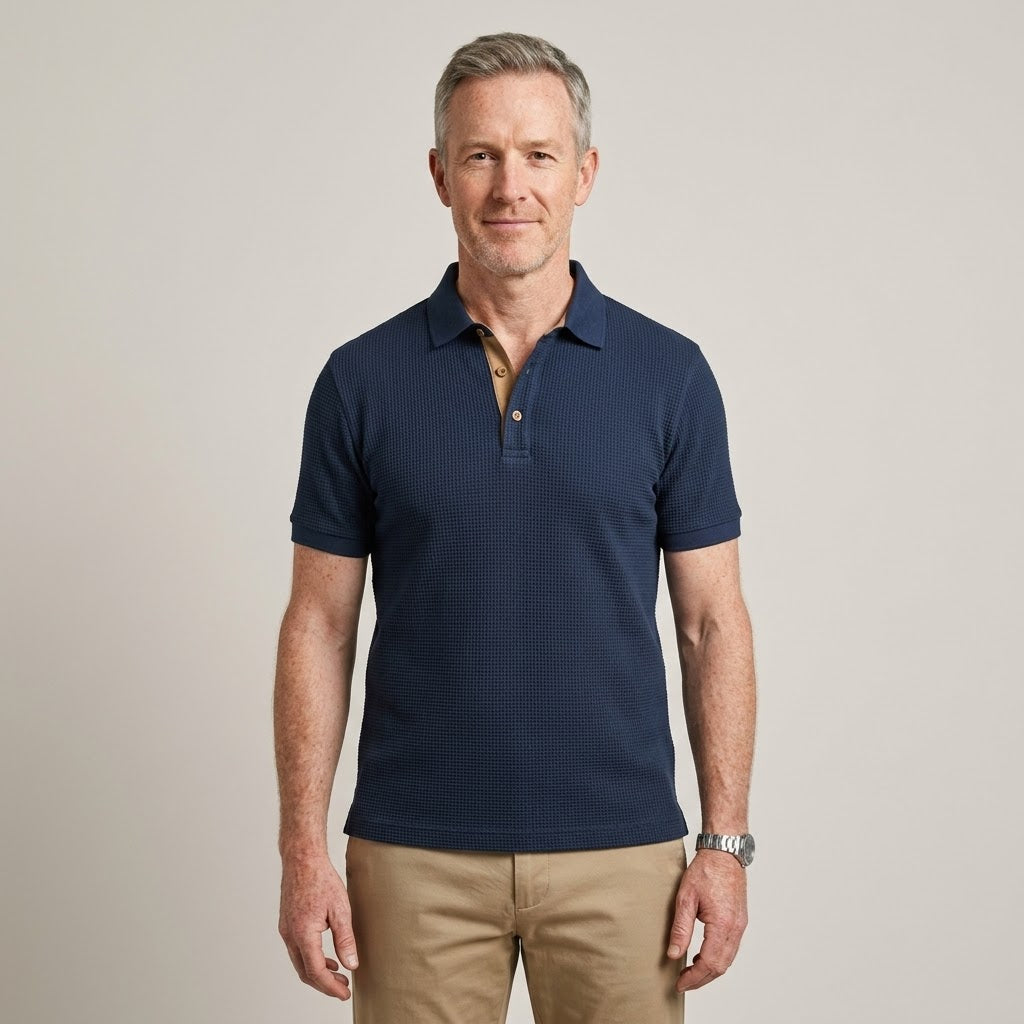 Clara Textured Waffle Polo — Men's Short Sleeve Contrast Placket Polo Shirt