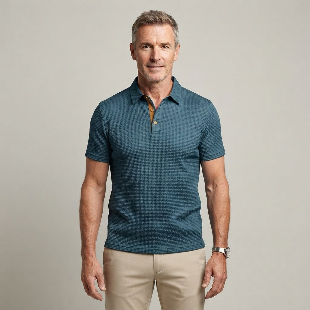 Clara Textured Waffle Polo — Men's Short Sleeve Contrast Placket Polo Shirt