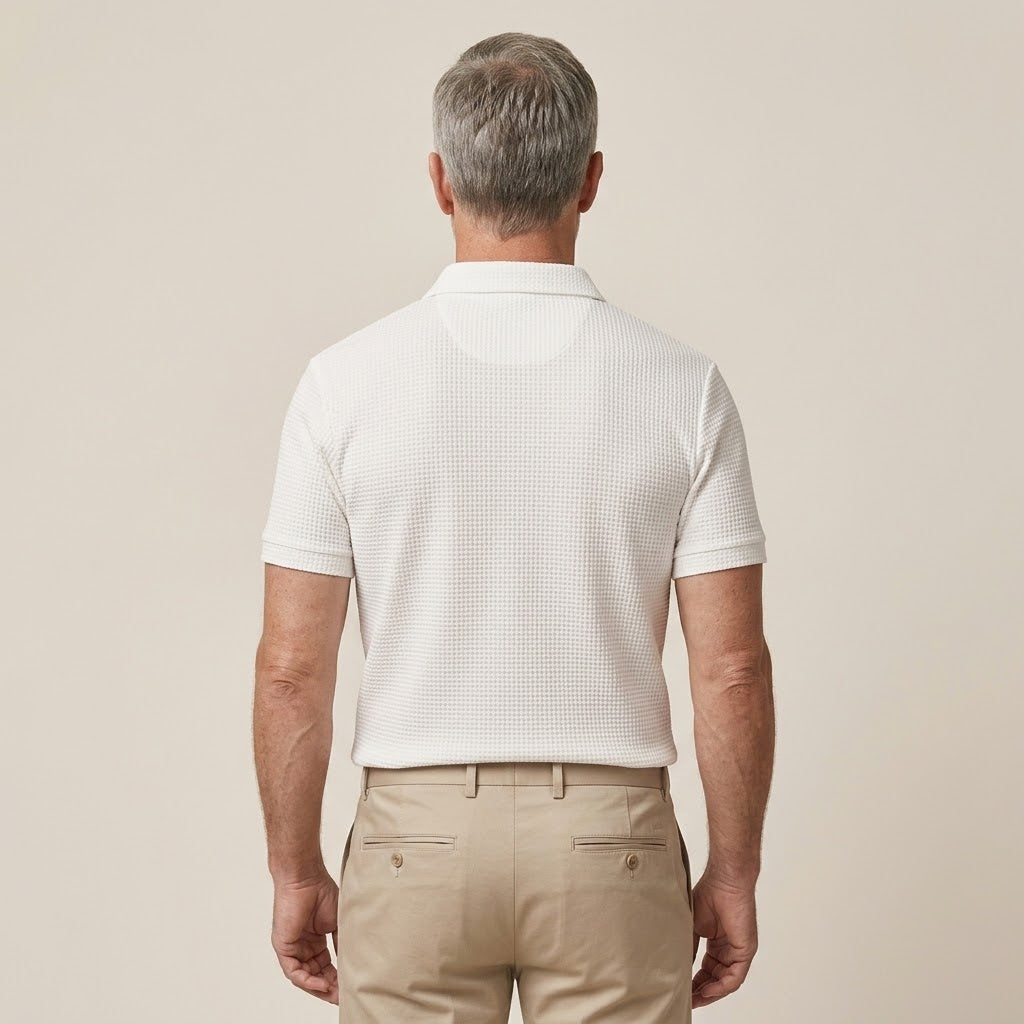 Clara Textured Waffle Polo — Men's Short Sleeve Contrast Placket Polo Shirt