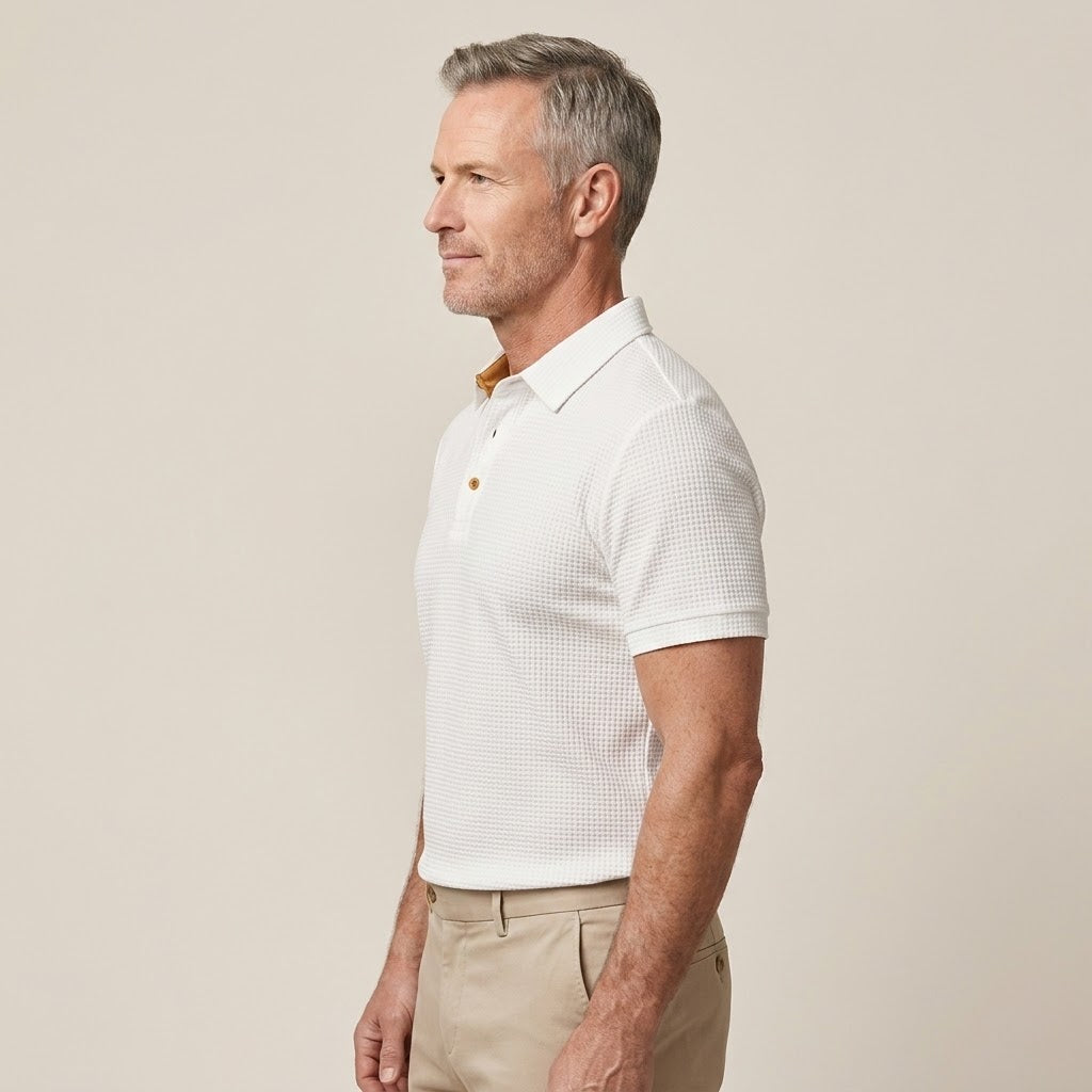 Clara Textured Waffle Polo — Men's Short Sleeve Contrast Placket Polo Shirt