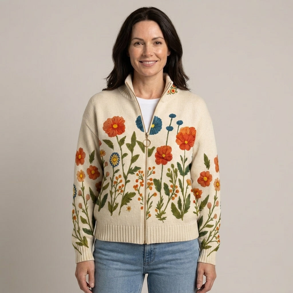 Women's Cream Floral Zip Up Cardigan — Watercolour Thistle Print Stand Collar Knit Jacket
