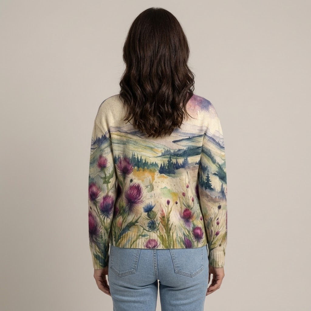 Women's Cream Floral Zip Up Cardigan — Watercolour Thistle Print Stand Collar Knit Jacket
