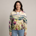 Women's Cream Floral Zip Up Cardigan — Watercolour Thistle Print Stand Collar Knit Jacket