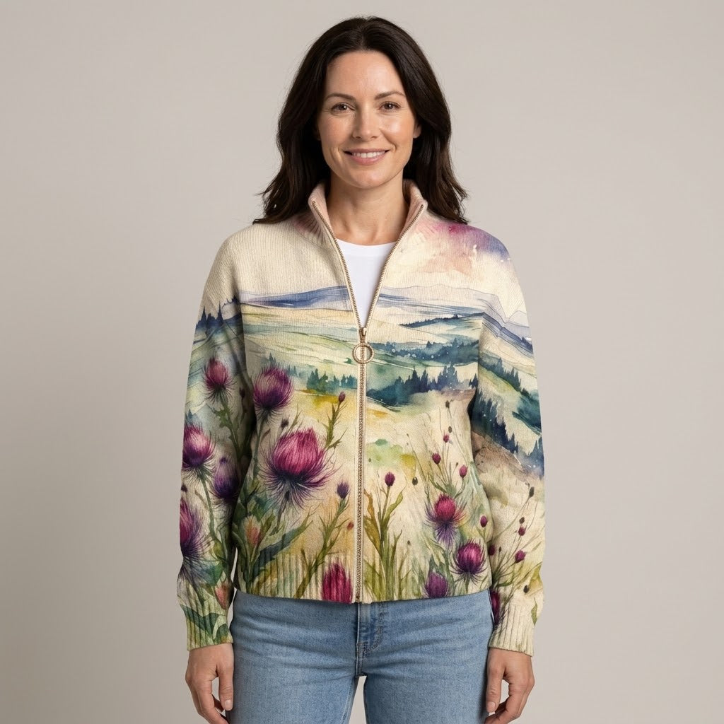 Women's Cream Floral Zip Up Cardigan — Watercolour Thistle Print Stand Collar Knit Jacket
