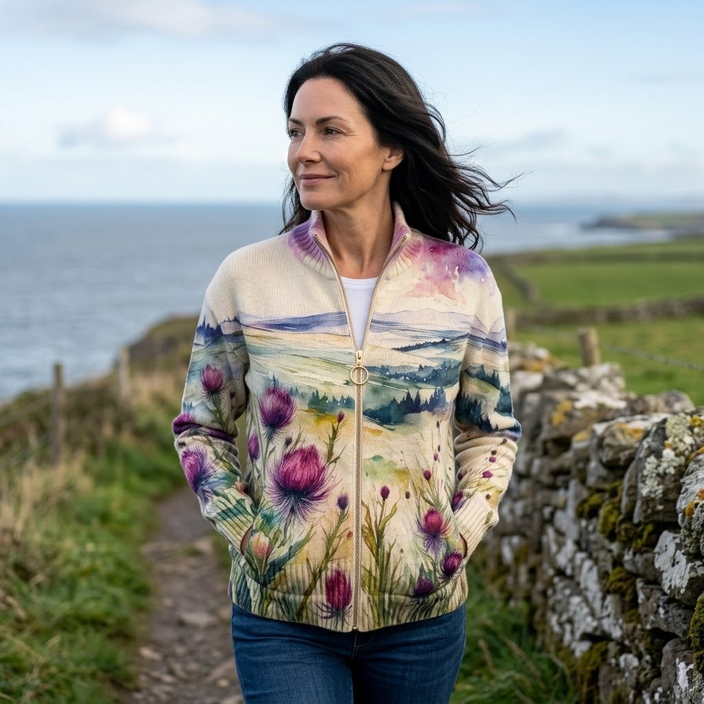 Women's Cream Floral Zip Up Cardigan — Watercolour Thistle Print Stand Collar Knit Jacket