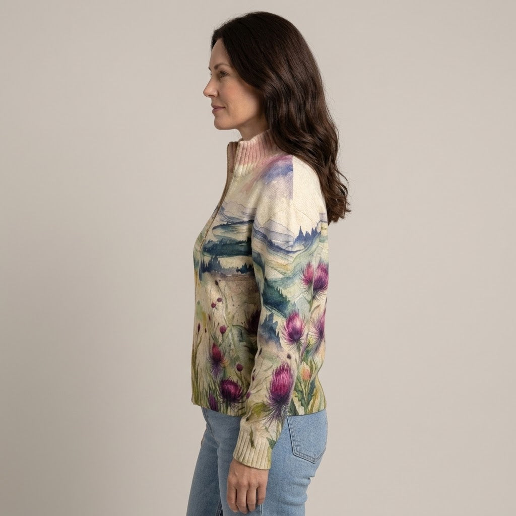 Women's Cream Floral Zip Up Cardigan — Watercolour Thistle Print Stand Collar Knit Jacket