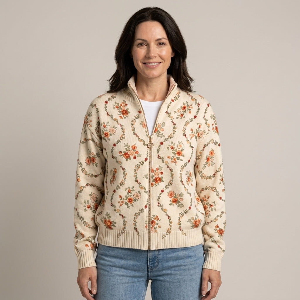 Women's Cream Floral Zip Up Cardigan — Watercolour Thistle Print Stand Collar Knit Jacket
