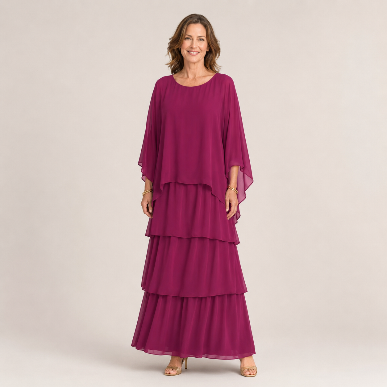 Clara Tiered Chiffon Maxi Dress — Women's Cape Overlay Occasion Dress