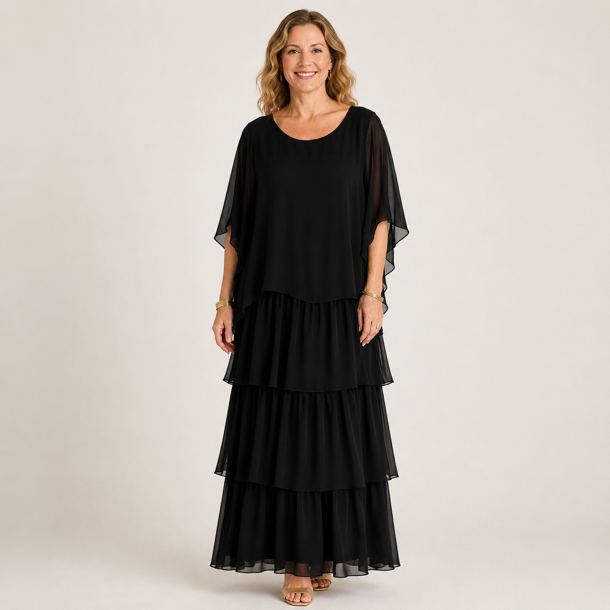 Clara Tiered Chiffon Maxi Dress — Women's Cape Overlay Occasion Dress