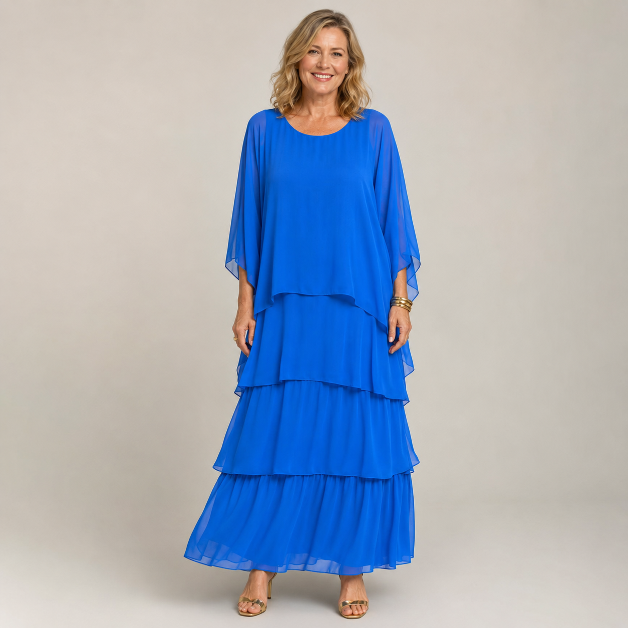 Clara Tiered Chiffon Maxi Dress — Women's Cape Overlay Occasion Dress