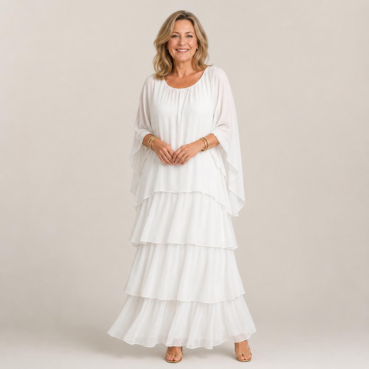 Clara Tiered Chiffon Maxi Dress — Women's Cape Overlay Occasion Dress
