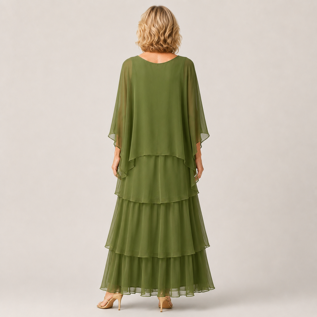Clara Tiered Chiffon Maxi Dress — Women's Cape Overlay Occasion Dress