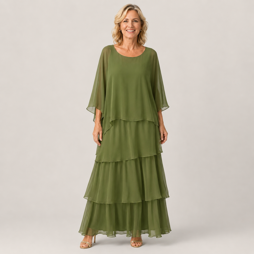 Clara Tiered Chiffon Maxi Dress — Women's Cape Overlay Occasion Dress