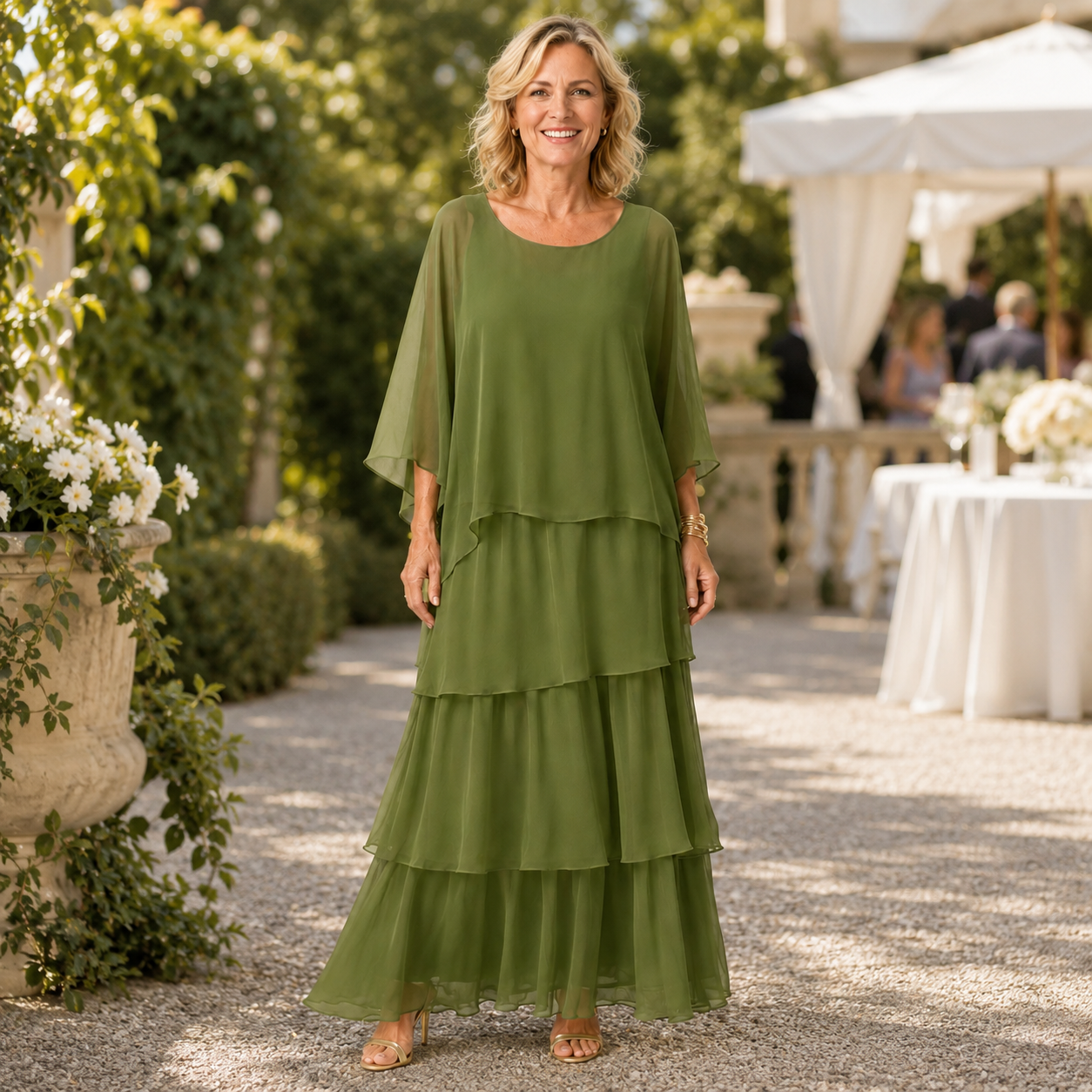Clara Tiered Chiffon Maxi Dress — Women's Cape Overlay Occasion Dress