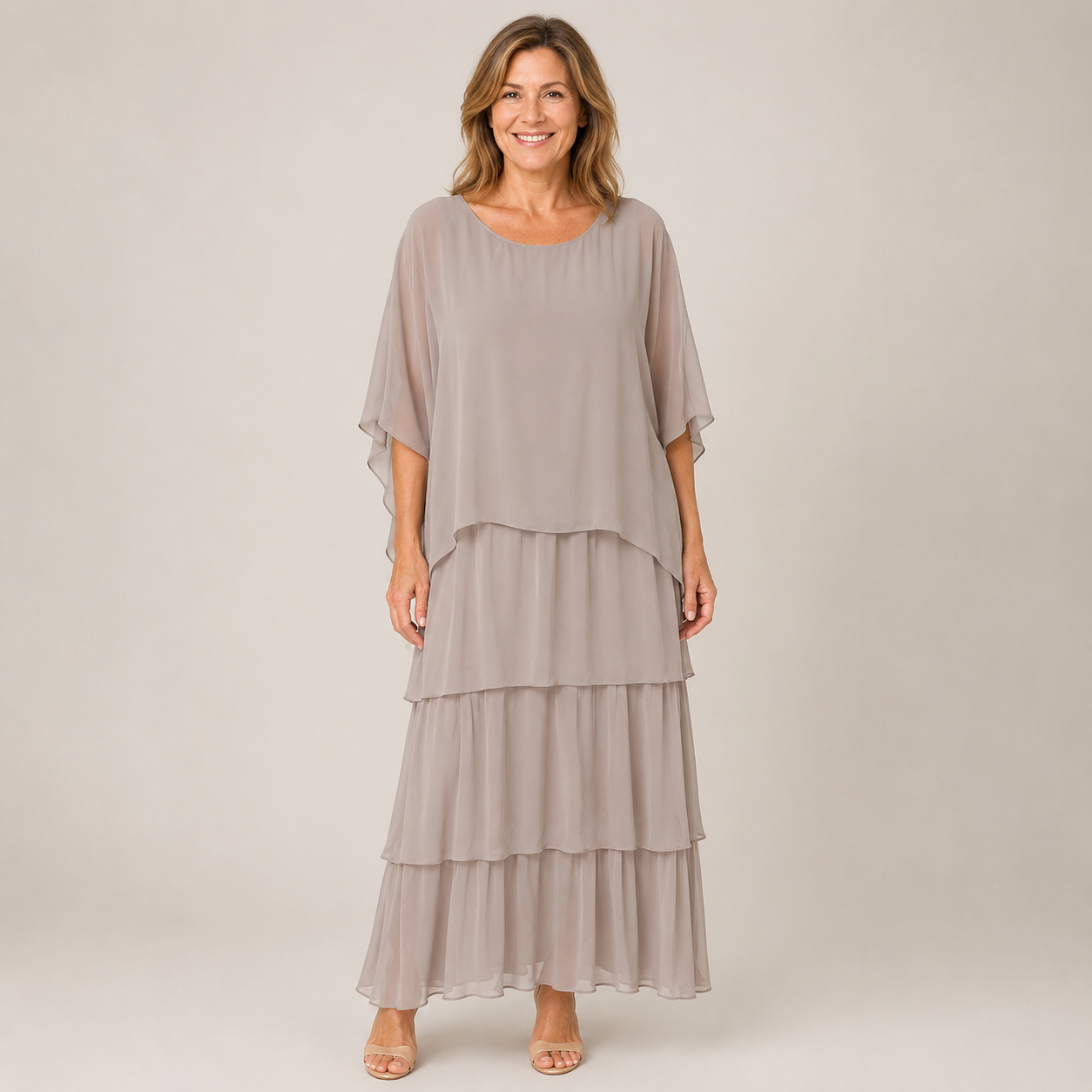 Clara Tiered Chiffon Maxi Dress — Women's Cape Overlay Occasion Dress