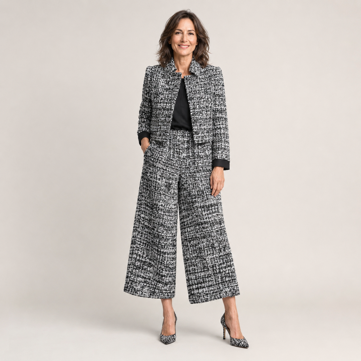 Clara Tweed 2-Piece Set — Women's Cropped Jacket Wide Leg Culotte Set