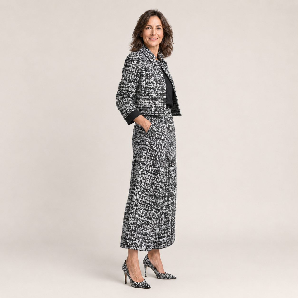 Clara Tweed 2-Piece Set — Women's Cropped Jacket Wide Leg Culotte Set