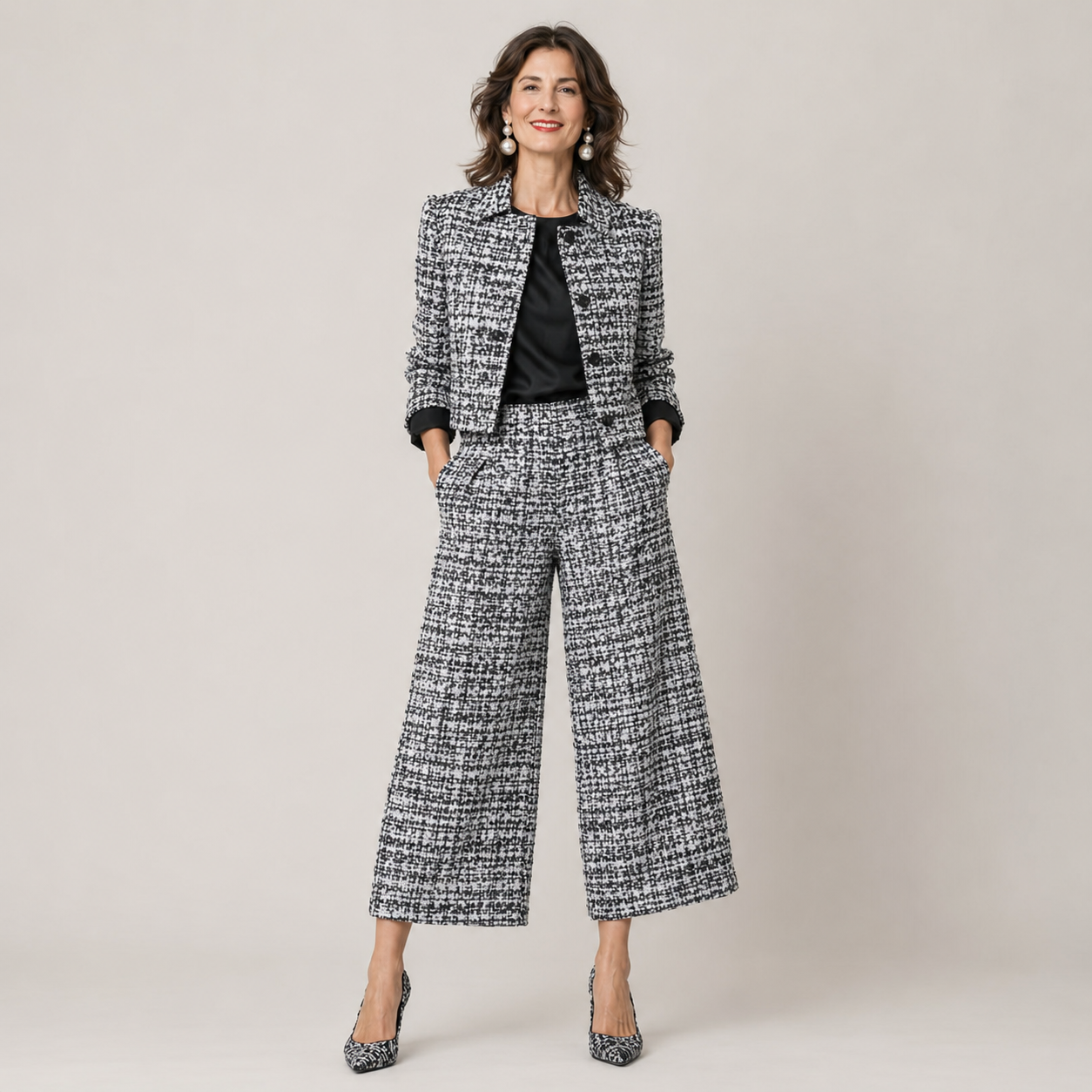 Clara Tweed 2-Piece Set — Women's Cropped Jacket Wide Leg Culotte Set