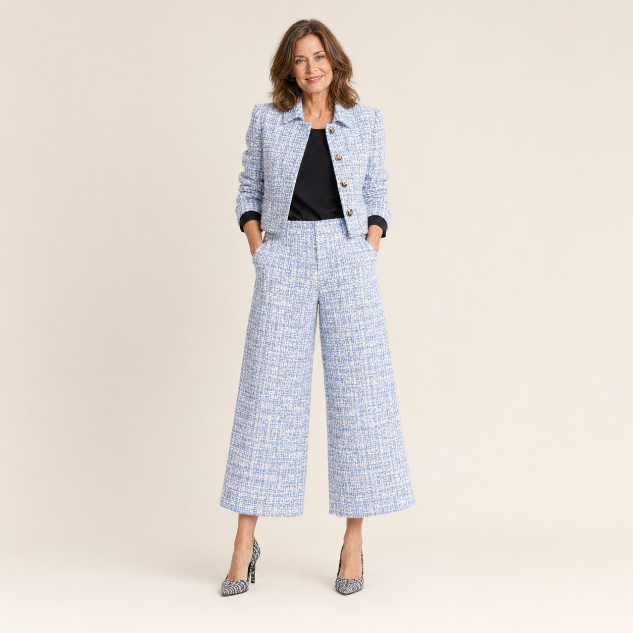 Clara Tweed 2-Piece Set — Women's Cropped Jacket Wide Leg Culotte Set
