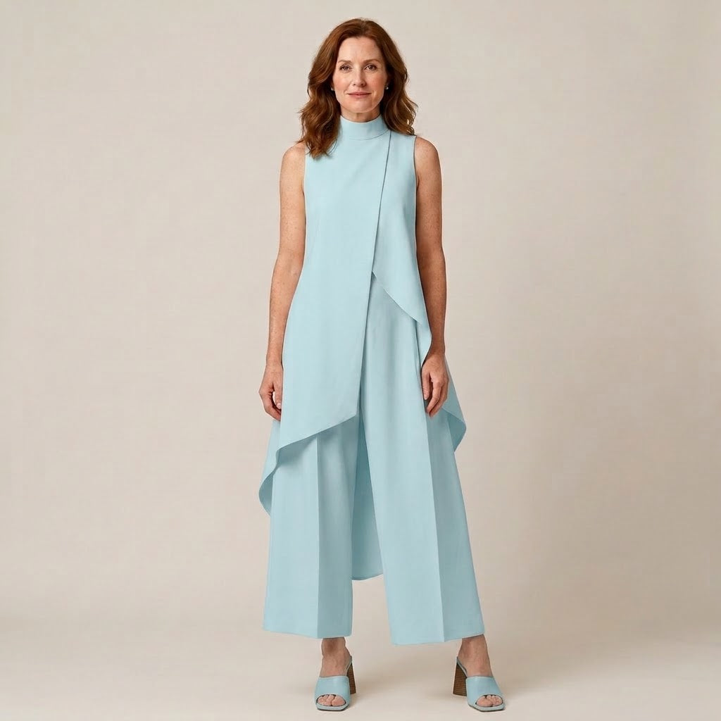 Women's Cream Two-Piece Trouser Set — Sleeveless High Neck Draped Top & Wide-Leg Occasion Suit