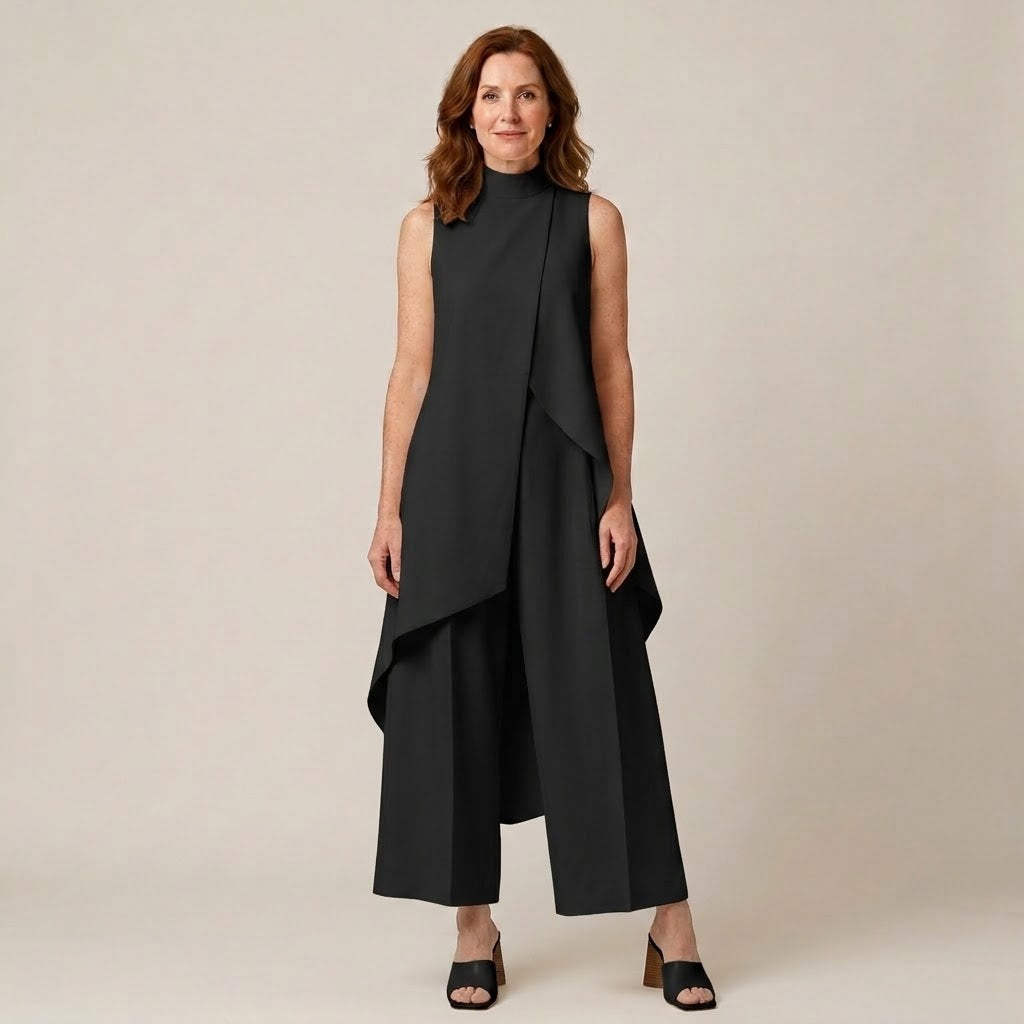 Women's Cream Two-Piece Trouser Set — Sleeveless High Neck Draped Top & Wide-Leg Occasion Suit