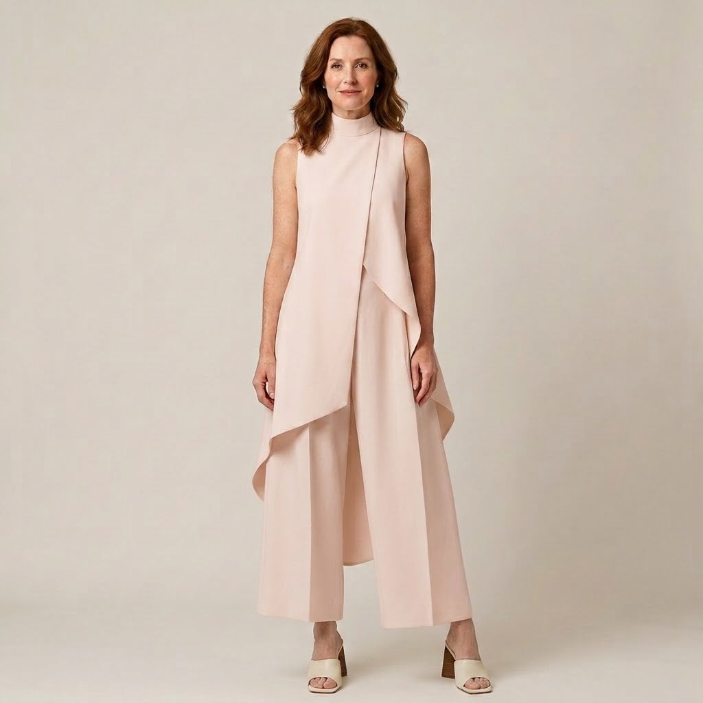Women's Cream Two-Piece Trouser Set — Sleeveless High Neck Draped Top & Wide-Leg Occasion Suit