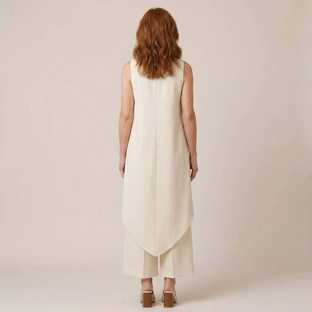 Women's Cream Two-Piece Trouser Set — Sleeveless High Neck Draped Top & Wide-Leg Occasion Suit
