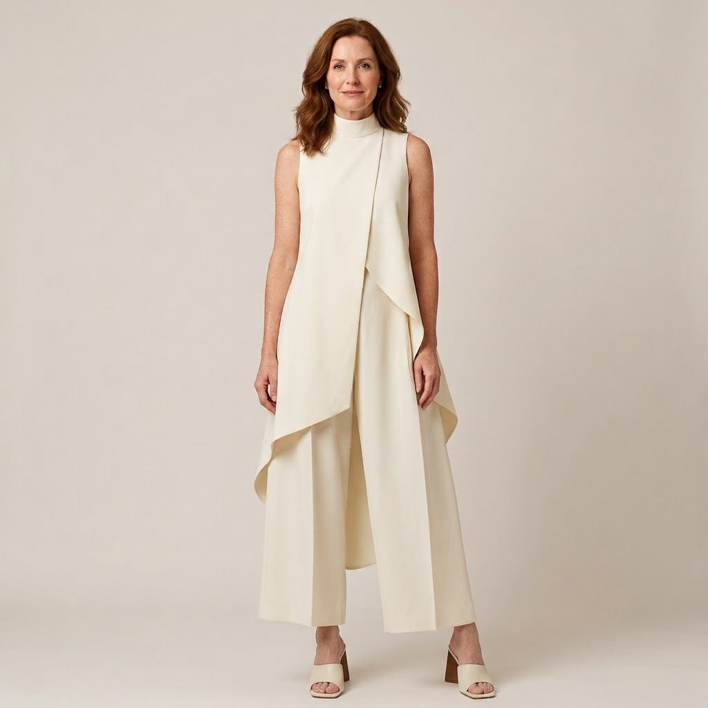 Women's Cream Two-Piece Trouser Set — Sleeveless High Neck Draped Top & Wide-Leg Occasion Suit