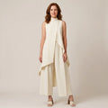 Women's Cream Two-Piece Trouser Set — Sleeveless High Neck Draped Top & Wide-Leg Occasion Suit