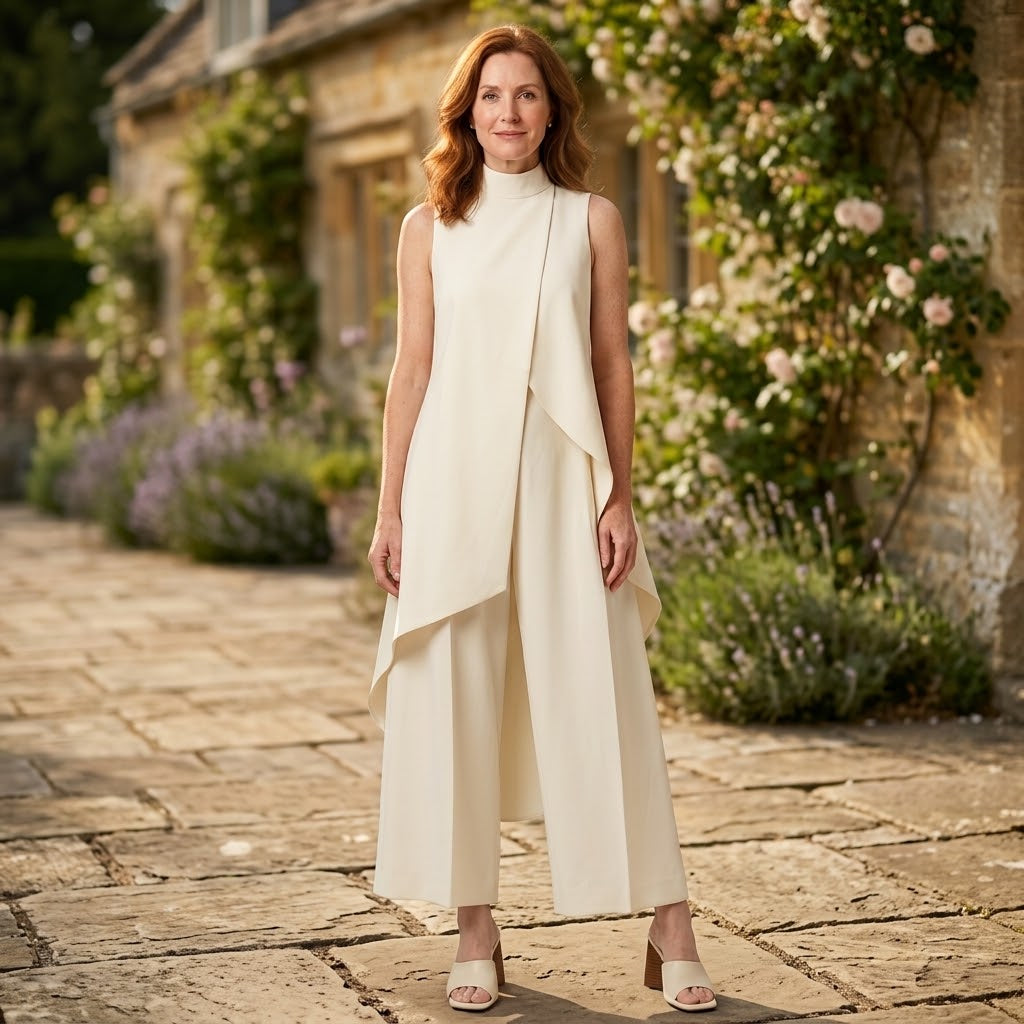 Women's Cream Two-Piece Trouser Set — Sleeveless High Neck Draped Top & Wide-Leg Occasion Suit