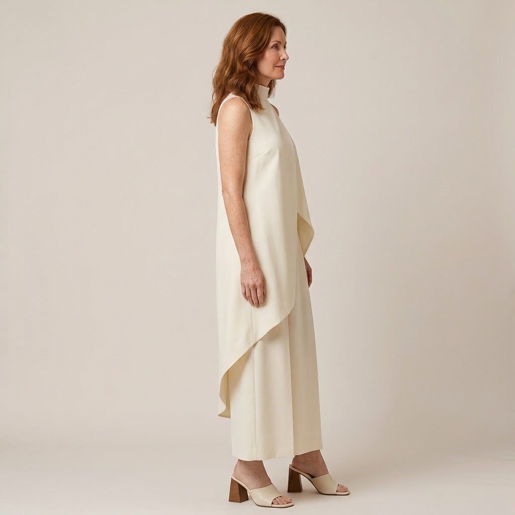 Women's Cream Two-Piece Trouser Set — Sleeveless High Neck Draped Top & Wide-Leg Occasion Suit
