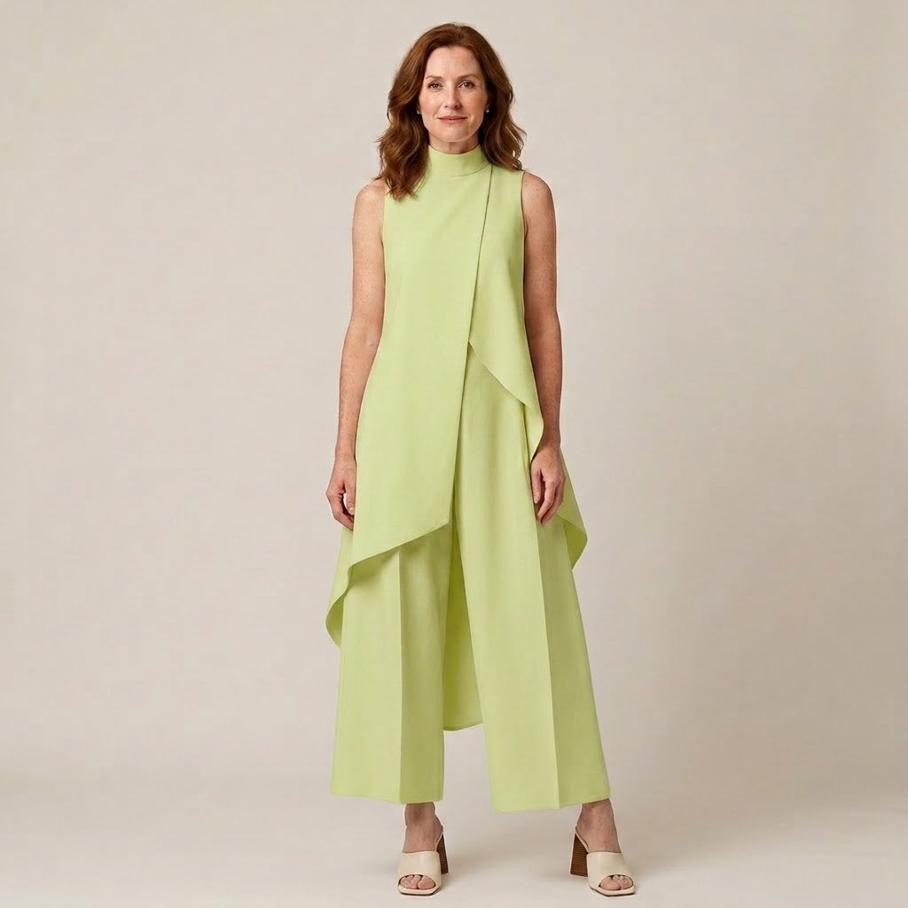 Women's Cream Two-Piece Trouser Set — Sleeveless High Neck Draped Top & Wide-Leg Occasion Suit