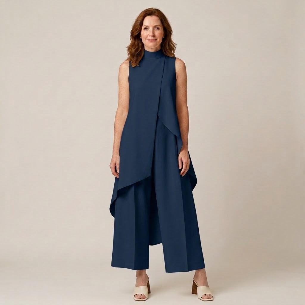 Women's Cream Two-Piece Trouser Set — Sleeveless High Neck Draped Top & Wide-Leg Occasion Suit