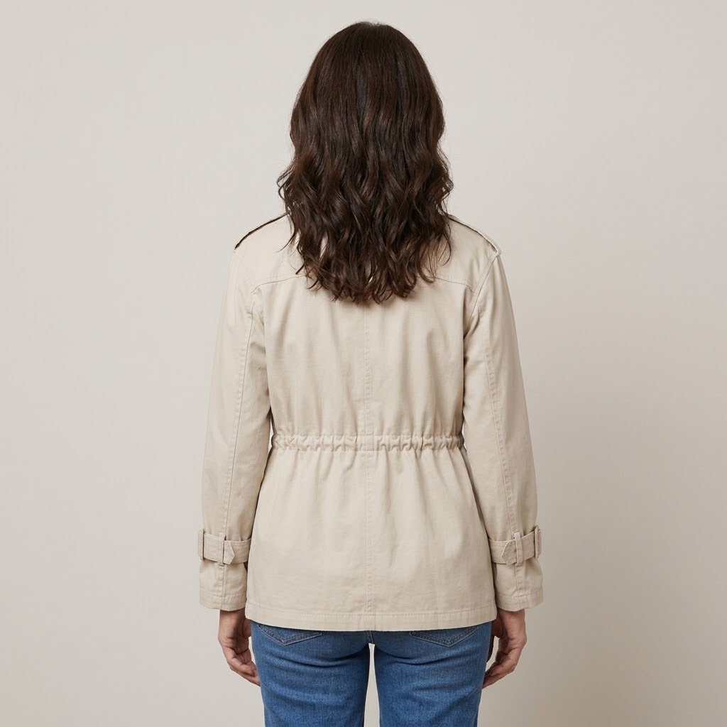 Women's Beige Utility Jacket — Drawstring Waist Stand Collar Field Jacket