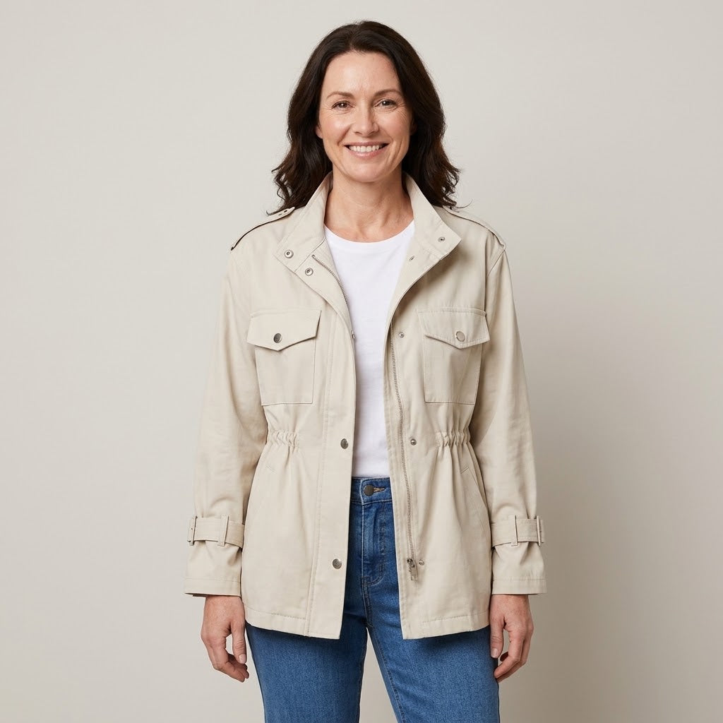 Women's Beige Utility Jacket — Drawstring Waist Stand Collar Field Jacket