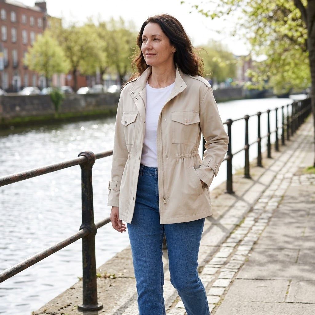 Women's Beige Utility Jacket — Drawstring Waist Stand Collar Field Jacket