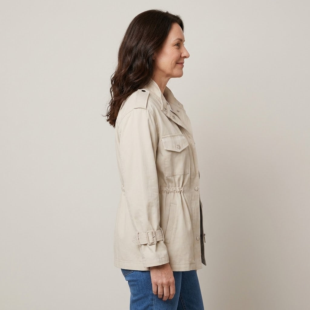 Women's Beige Utility Jacket — Drawstring Waist Stand Collar Field Jacket