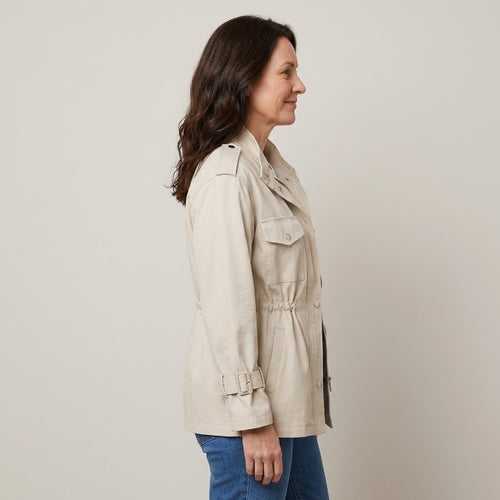 Women's Beige Utility Jacket — Drawstring Waist Stand Collar Field Jacket